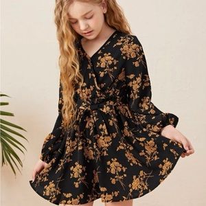 Girls Floral Print Surplice Neck Belted Lantern